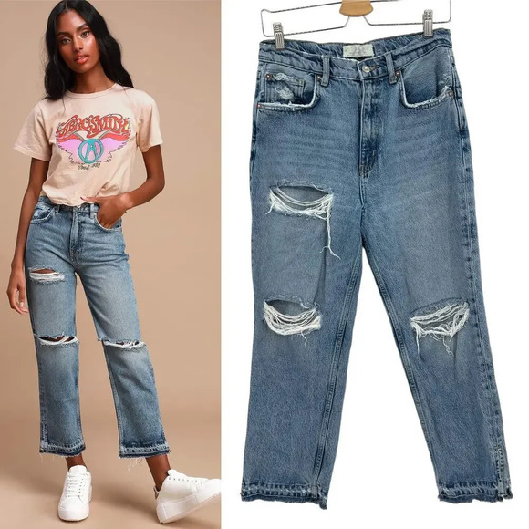 Free People Denim - Free People Lita Light Wash Distressed High-Waisted Slim Leg Jeans Size 28